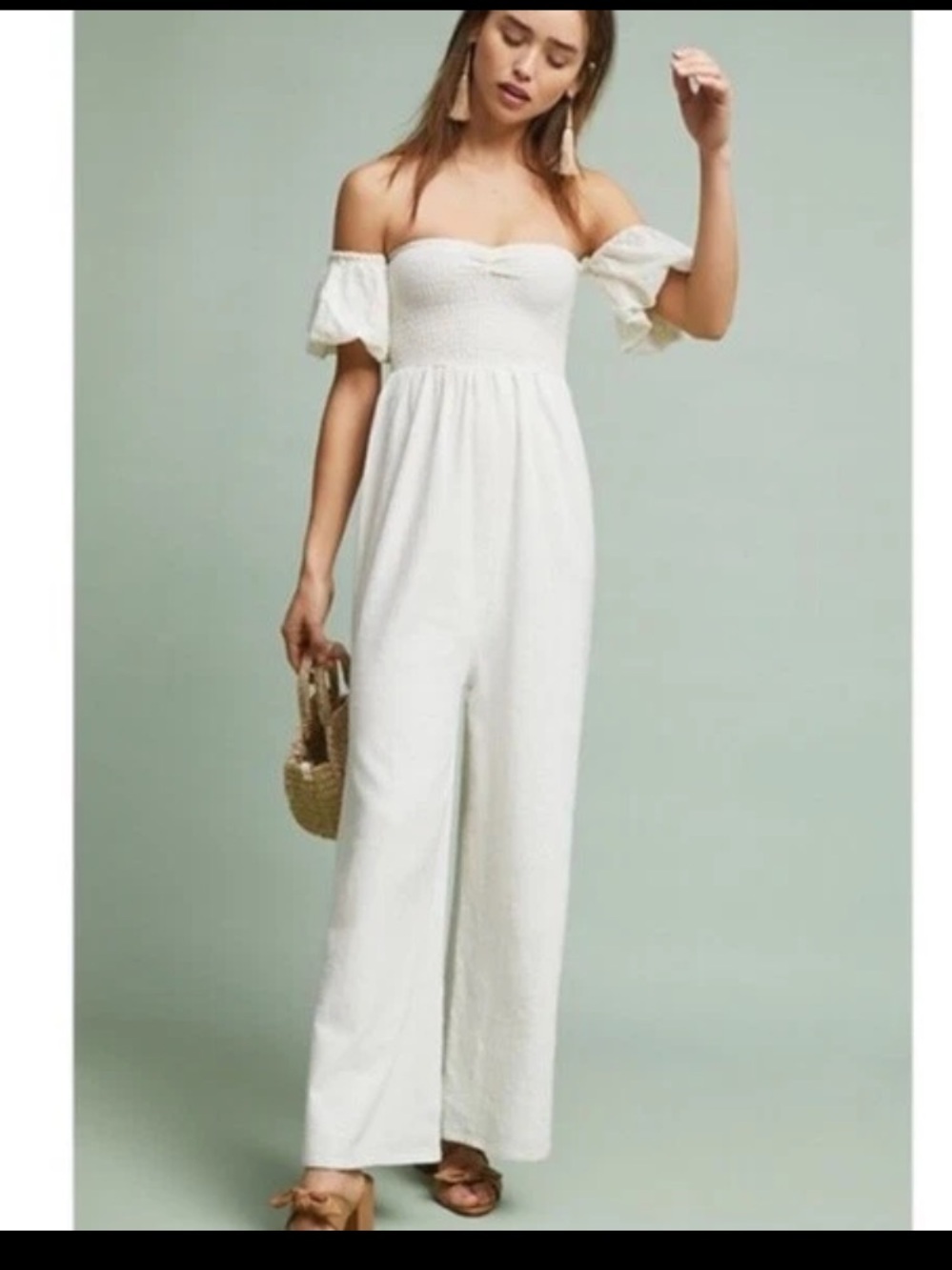 ANTHROPOLOGIE Steele
Off-The-Shoulder Jumpsuit spring embroidered party $178